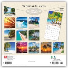 "Tropical Islands", "EARTH FRIENDLY", Kalender 2027 mit tropischen Strandbildern; Aprilszene mit Palmen und Strand.