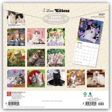 "I Love Kittens", "EARTH FRIENDLY", 2027 Kalender mit Kittenfotos pro Monat in bunten Szenen.