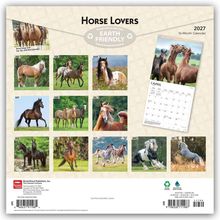 "EARTH FRIENDLY, Horse Lovers, 2027 16-Month Calendar." Bilder von Pferden, je eines für jeden Monat, und kleiner Kalender für April.
