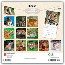 "Tigers", "Earth Friendly", "2027", "16-Month Calendar". Zwölf Tigerfotos für die Monate Januar bis Dezember.