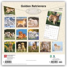 „Golden Retrievers“ und „EARTH FRIENDLY“ oben. Hunde in verschiedenen Monatsbildern, darunter ein Kalenderblatt April.