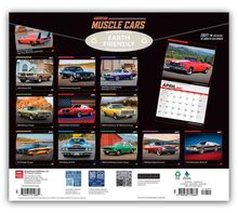 „American Muscle Cars“, „Earth Friendly“, „Bitte vor dem Kauf nicht öffnen“. Kalender mit verschiedenen Oldtimer-Autos.