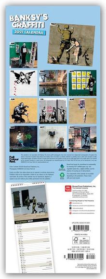 "BANKSY'S GRAFFITI 2021 CALENDAR". Illustrationen zeigen Graffiti-Kunstwerke für jeden Monat. Oben auf blauem Hintergrund.