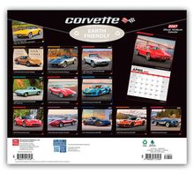 "Corvette", "2027 Official 16-Month Calendar", "Earth Friendly". Verschiedene Corvette-Modelle in einem Kalenderlayout.