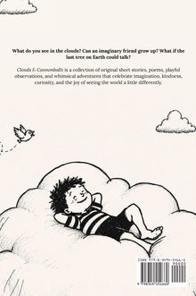 Texte über Vorstellungskraft und ein Buch über Kurzgeschichten. Illustration von Kind auf Wolke, Vogel fliegt daneben.