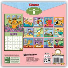 "March", "Plastic-Free Packaging", "We Plant Trees", "Garfield"-Illustrationen zeigen Szenen mit Garfield in verschiedenen Situationen.