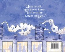 Text: "Just recall, you never know just how far a light may go..." In einer stimmungsvollen Illustration mit Schornsteinen und Silhouetten.