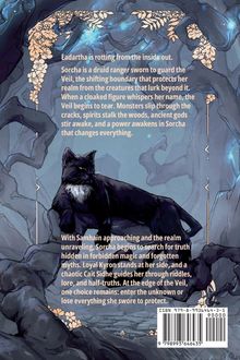 Text über einer Illustration von Bäumen: Eadartha verfällt von innen. Sorcha, ein druidischer Waldläufer, bewacht den Schleier. Unten liegt eine schwarze Katze mit weißen Abzeichen auf einem Ast.