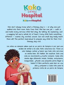 Text: "Koko at the Hospital / Koko en el Hospital." Ein Kind mit Brille kniet neben einem Therapiehund.