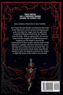 "Three sisters and a childhood promise against an ancient cult." Illustration: Ein Schwert mit einem roten Band und dunklem Hintergrund.