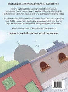 Text über Kingsley, eine mutige Abenteuerkatze in Rom. Illustration mit Häuserfassaden und einer Kuppel im Hintergrund.