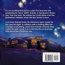 Text: Es geht darum, ein funkelnder Stern zur Geburt Jesu zu sein. Kokab wünscht sich, über Bethlehem zu leuchten. Illustration zeigt eine Nachtlandschaft mit Sternenhimmel und einem Dorf.