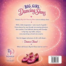 Text über Tanzschuhe voller Abenteuer, funkelnde pinkfarbene Schuhe auf Holzboden, daneben „DreamStep Publishing“-Logo.