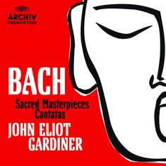 "Bach, Sacred Masterpieces, Cantatas, John Eliot Gardiner." Ein gezeichnetes Gesicht auf rotem Hintergrund.