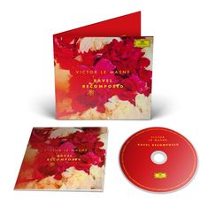 CD-Cover und CD mit roten und weißen Blumen. Text: "Victor Le Masne Ravel Recomposed" in gelber Schrift.