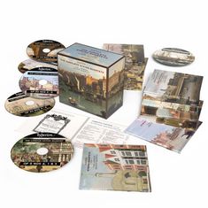 "HAYDN: THE COMPLETE STRING QUARTETS" auf Schachtel, CDs verteilt, Bild einer Stadt am Fluss.