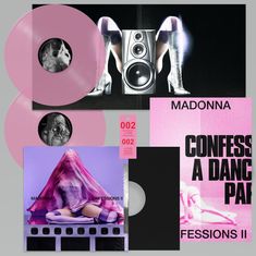 "CONFESSIONS II", "MADONNA", rosa und lila Schallplatten mit Bildern von Lautsprechern und einer Person.