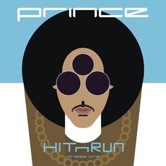 „Prince“, „HITnRUN phase one“. Illustration eines stilisierten Gesichts mit Afro, drei Augen und Kette.