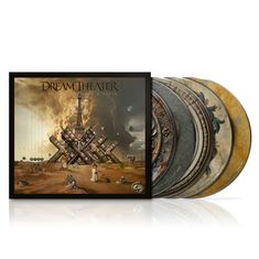 "Dream Theater" prangt oben. Fantasievolle Landschaft mit Turbinengebäude. Die Art zeigt mehrere bunte, verzierte Schallplatten.