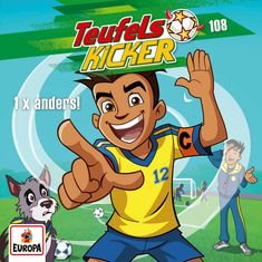 „Teufelskicker, 1 x anders!“, fröhlicher Junge in gelbem Trikot mit der Nummer 12, Hund und Trainer. EUROPA-Logo.