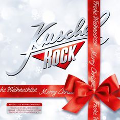 Frohe Weihnachten. Kuschelrock-Logo. Geschenkband in Rot mit weißer Schrift, Schneeflocken im Hintergrund.