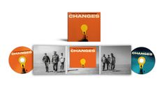 Der Text "Fury in the Slaughterhouse - Changes" erscheint auf CDs mit orangem und blauem Design sowie einem Albumcover mit Glühbirne.