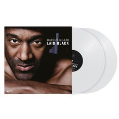 Text: "MARCUS MILLER LAID BLACK".  
Plattencover eines Albums mit einem Porträt eines Mannes und zwei weißen Schallplatten.