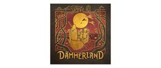 „DÄMMERLAND“ in goldener Schrift. Illustration: Boot mit zwei Figuren, roter Himmel, goldene Sonne, Vögel und Bäume.
