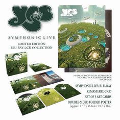 Logo: "Yes Symphonic Live". Text: “Limited Edition Blu-ray+2CD Collection”. Set mit CDs, Art Cards und Poster. Fantasievolle Landschaft.