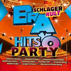Text: "SCHLAGER KULT, BRAVO HITS PARTY." Bühne mit Mikrofonen und Treppen im Hintergrund. 
