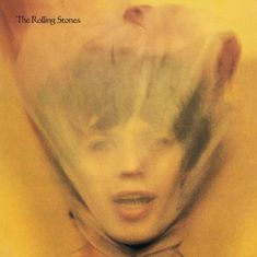 Text: "The Rolling Stones". Ein Gesicht hinter einem durchsichtigen Schleier in weichen Gelb- und Brauntönen.