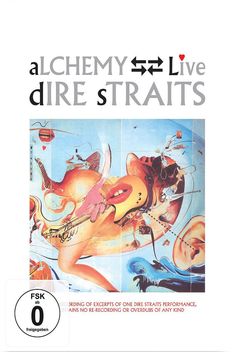 Texte: "aLCHEMY Live", "dIRE sTRAITS", "FSK ab 0 freigegeben". Illustration einer surrealen Gitarre mit Lippen.