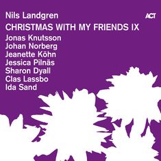 „Nils Landgren, Christmas With My Friends IX“ und acht Namen. Lilafarbener Hintergrund mit weißen Blumenformen.