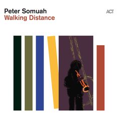 "Peter Somuah, Walking Distance." Illustration mit farbigen vertikalen Balken und einer dunklen Figur mit Trompete.