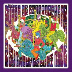 "The Dukes of Stratosphear" steht in geschwungenen Buchstaben. Bunte, fantasievolle Illustration von Reitern auf Tieren.