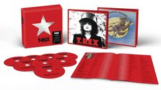 Box mit weißem Stern, "T.REX - The Studio Albums 1970-1977", CDs und Booklet in Rot. Schwarz-weißes Foto einer Person.