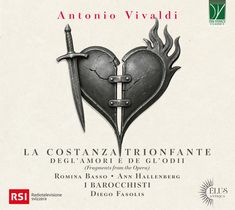 "Antonio Vivaldi" oben, zentriertes schwarzes Herz mit Flammen, das von einem Schwert durchbohrt wird, Logos unten.