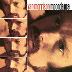 Text: "van morrison moondance". Fünf Nahaufnahmen eines Mannes mit Bart in warmen Tönen.