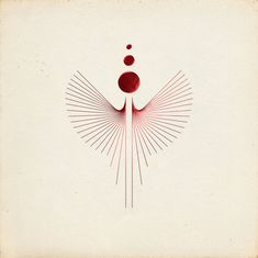 Rote abstrakte Illustration: Drei Kreise oben, darunter fächerartige Linien, die Flügel andeuten. Beiger Hintergrund.