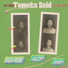 "Tomeka Reid" oben, "DANCE!", "SKIP!", "BOP!" unten. Zwei Fotostreifen, links eine ältere Frau, rechts eine jüngere. Grüner Hintergrund.