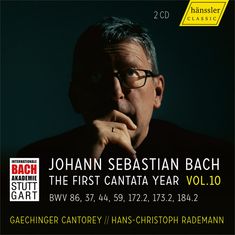 Text: "JOHANN SEBASTIAN BACH, THE FIRST CANTATA YEAR, VOL. 10, 2 CD". Gelbes Logo: "hänssler CLASSIC".  
Porträt eines nachdenklichen Mannes.