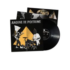 "ANGINE DE POITRINE" in großen Buchstaben auf einem Schallplattencover. Illustrationen von Musikern mit Instrumenten.