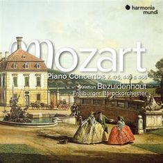 "Mozart Piano Concertos K. 175, 449 & 466. Kristian Bezuidenhout Freiburger Barockorchester." Vintage Illustration einer Villa.