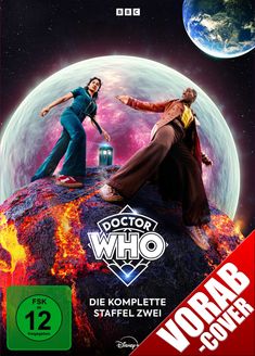 "Vorab-Cover", "Doctor Who", "Die komplette Staffel Zwei", Logo und BBC oben, zwei Personen vor einer kosmischen Kulisse.