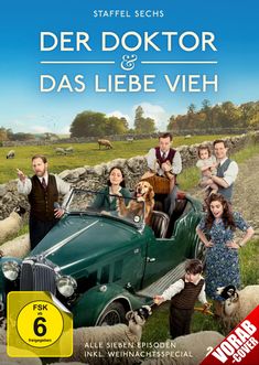 Text: "Der Doktor & das liebe Vieh. Staffel Sechs." Personen vor einem Oldtimer in ländlicher Umgebung.
