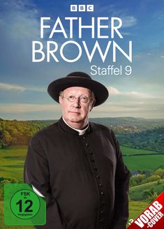 „Father Brown Staffel 9“ steht vor einem alten Geistlichen in schwarzer Kleidung mit Hut, vor grüner Landschaft.
