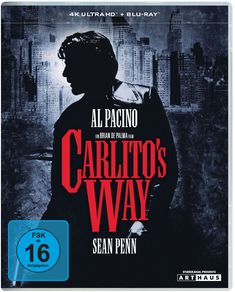 „Carlito's Way“, Al Pacino, Sean Penn. Silhouette eines Mannes vor Stadtsilhouette, düsterer Hintergrund.
