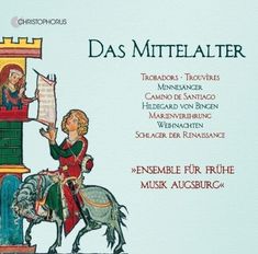 „Das Mittelalter. Trobadors, Trouvères, Minnesänger.“ Illustration: Ritter, Burgfräulein mit Notenrolle.