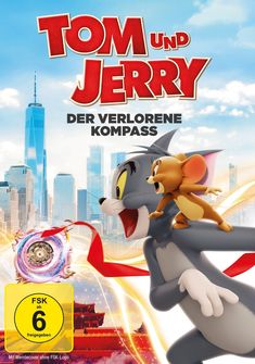 "Tom und Jerry: Der verlorene Kompass. Nur im Kino." Illustration mit Tom und Jerry in einer Stadtlandschaft.