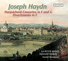 "Joseph Haydn. Harpsichord Concertos in F and G, Divertimento in F. LA PETITE BANDE, Sigiswald Kuijken, Ewald Demeyere." Ein klassisches Gemälde einer Stadtansicht mit einem großen Park im Vordergrund.